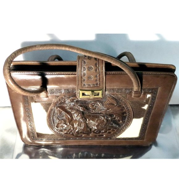 Vintage Hand Tooled Brown Leather / Calf Skin Purse Handbag, Mexico - Picture 2 of 9